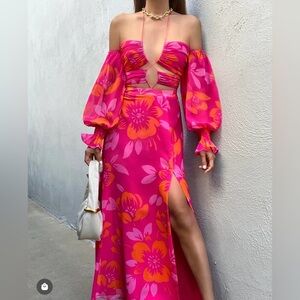Runaway ‘Karma’ Pink and Orange Floral Halter Cutout Maxi Dress - Size Medium